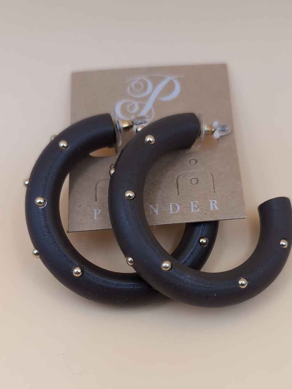 Plunder Shania Large Brown Wood Hoop Earrings with Gold Stud Accents NEW!